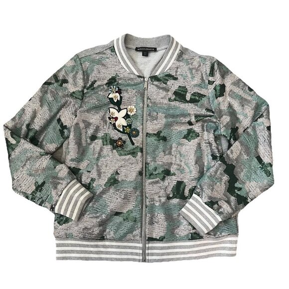 Boston Proper Sequin Camo Zip Varsity Jacket Size Large Embellished Floral - Picture 1 of 10